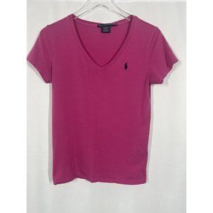 Ralph Lauren Shirt Womens V-Neck Short Sleeve Cotton Pink Barbiecore Medium